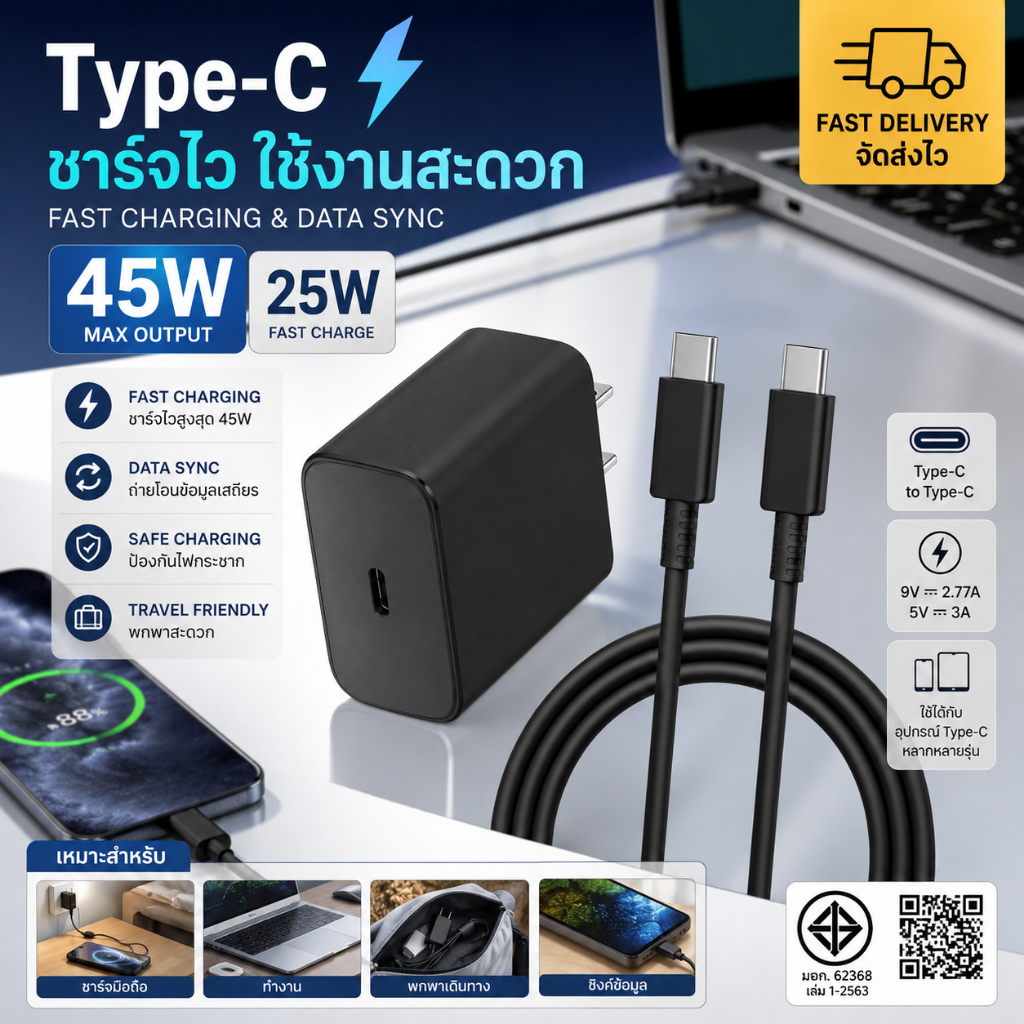 หัวชาร์จเร็ว 45W มอก. พร้อมสาย USB-C to Type-C ชาร์จเร็ว 25W 9V 2.77A รองรับมือถือ Android หลายรุ่น 