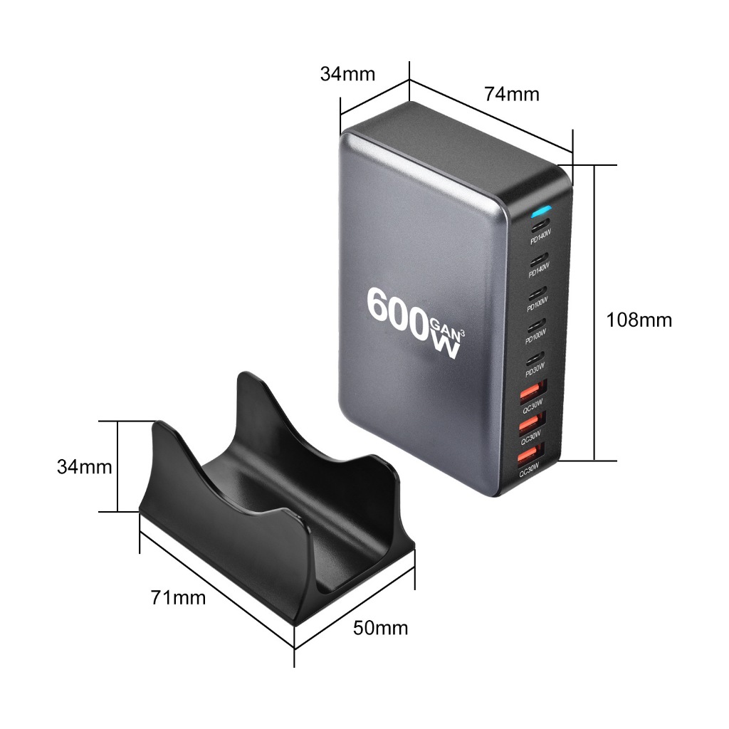600 W/500 W/440 W/320 W/200 W หลายพอร์ต USB C ชาร์จที่นั่ง GaN Fast CHARGING Sta 8 พอร์ตหลายอุปกรณ์ช