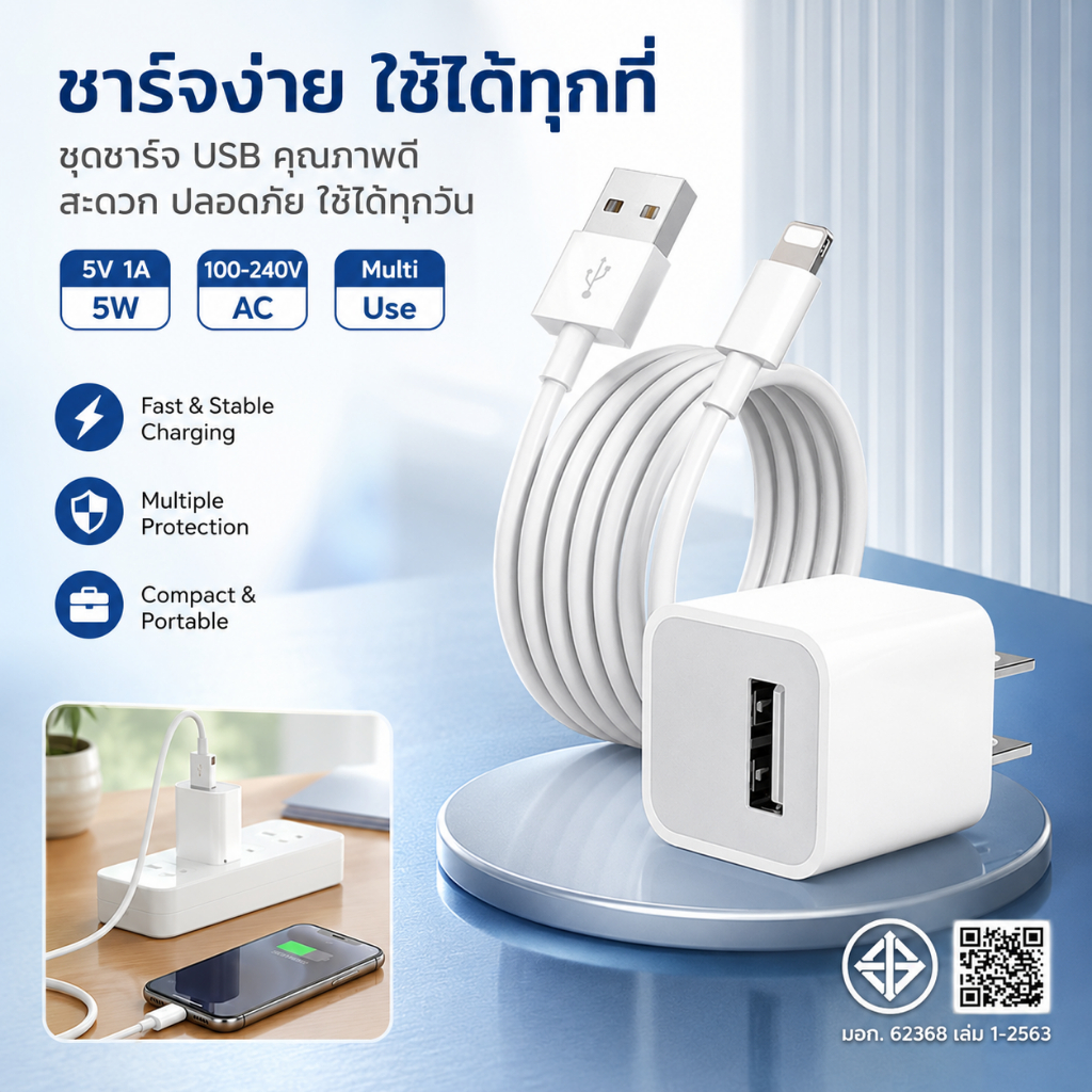 รับประกัน 1 ปี ชุดชาร์จ USB 5V 1A หัวชาร์จ 5W 1A + สายชาร์จ รองรับ 100-240V ปลอดภัย พกพาง่าย jbfthai