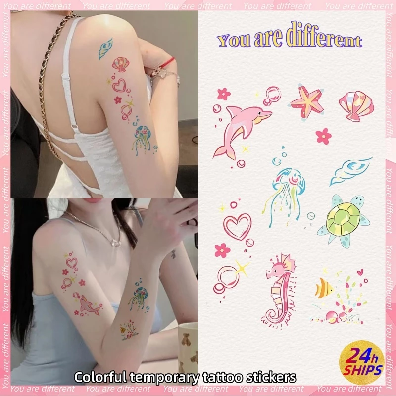 รอยสักลายปลาโลมาน้อยสีชมพูเซ็กซี่สาวแขนสักสติกเกอร์รอยสักกันน้ําติดทนนาน 7 วันสติกเกอร์ผิวรอยสักปลอมชั่วคราว