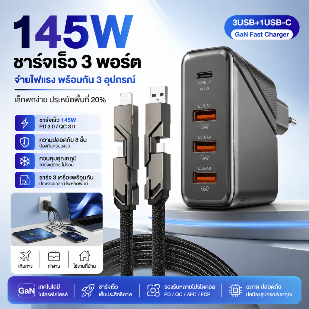 หัวชาร์จ GaN 145W ชาร์จเร็ว 3 พอร์ต USB-A+Type-C รองรับโน้ตบุ๊ค มือถือ หลายอุปกรณ์พร้อมกัน ประหยัดเว