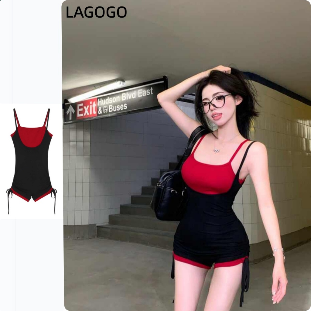 【สินค้าใน TH】 จั๊มสูทสลิงสีตัดกันสองชิ้นปลอมผู้หญิงฤดูร้อนกางเกงขาสั้นจั๊มสูทเอวสูงทรงสกินนี่ A145