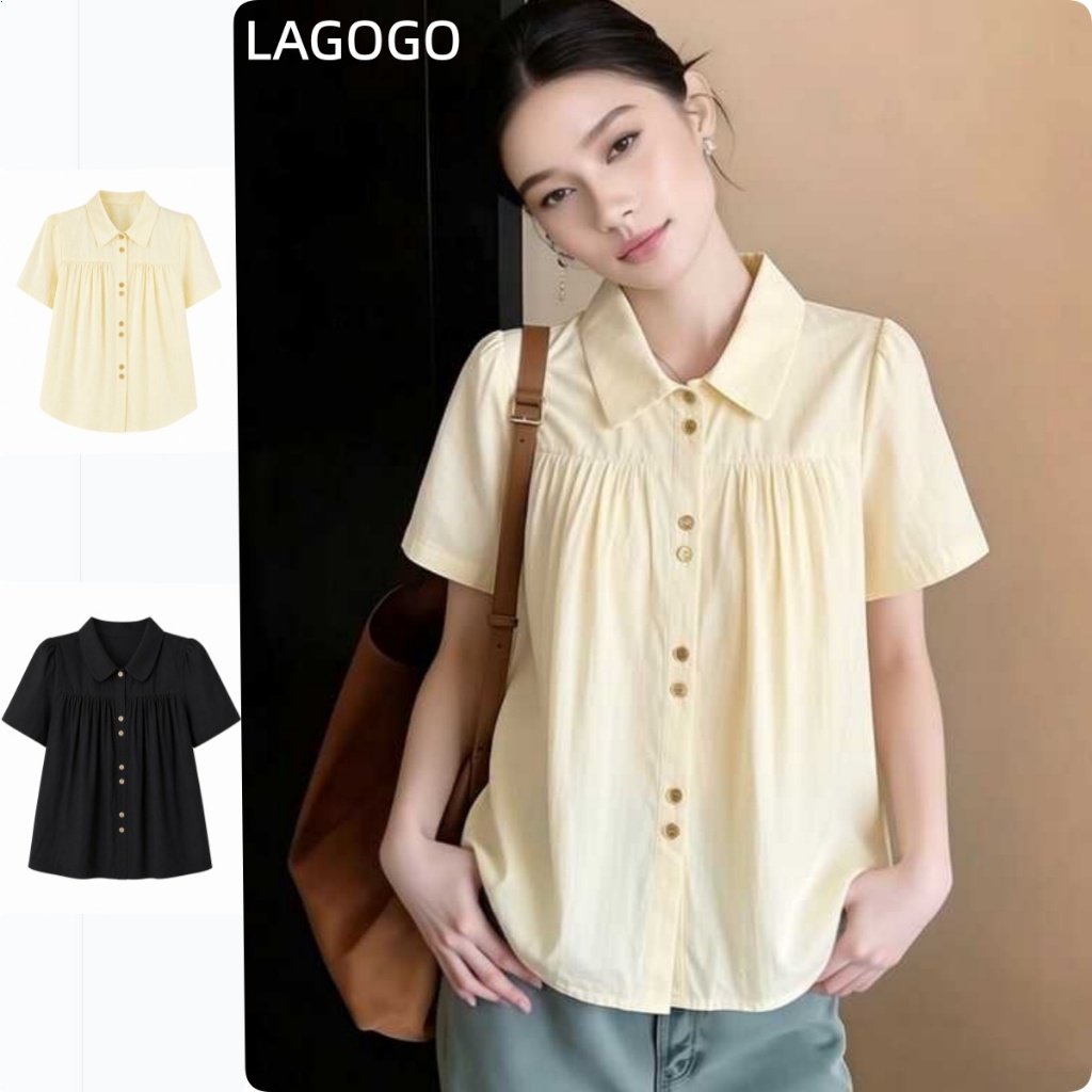 เสื้อเชิ้ตแขนสั้นฝรั่งเศสขนาดใหญ่ฤดูร้อนสไตล์ใหม่สไตล์สั้นด้