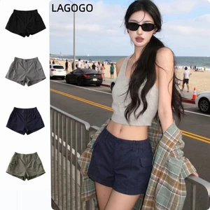 【สินค้าใน TH】ฤดูร้อนสไตล์ใหม่ย้อนยุคยืดหยุ่นเรียบง่ายสลิมฟิตทุกการแข่งขันกางเกงขาสั้นหลวมขนาดใหญ่ผู้หญิง