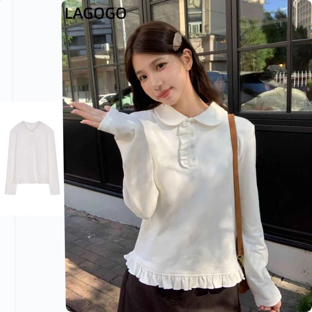 สีขาวออกแบบแขนยาวเสื้อยืดผู้หญิงเย็บขอบเชื้อราด้านใน จุดต่ําสุด เสื้อ