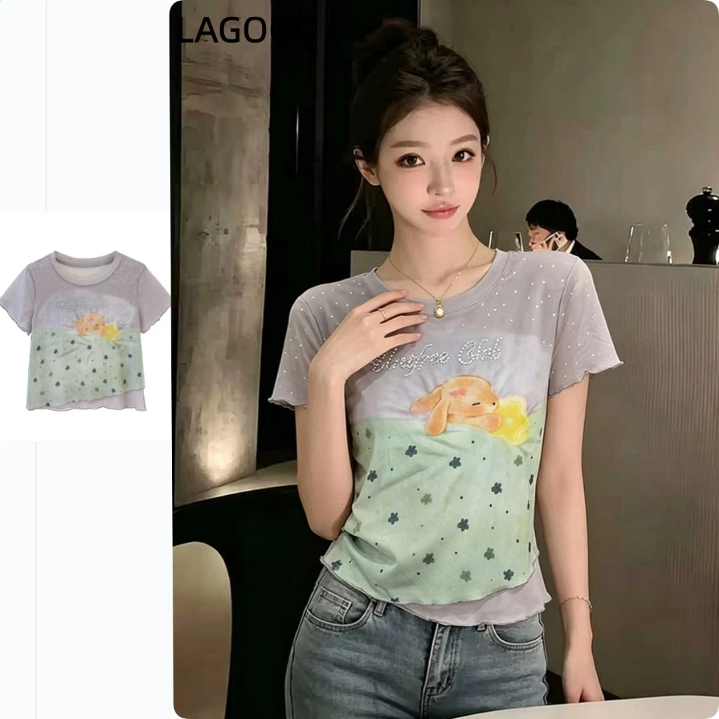 ฤดูร้อนสไตล์ใหม่หวานน่ารักสไตล์ลายจุดกระต่ายพิมพ์เสื้อยืดผู้หญิงฤดูร้อนเร้าใจขนาดใหญ่แขนสั้นด้านบน