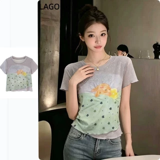 ฤดูร้อนสไตล์ใหม่หวานน่ารักสไตล์ลายจุดกระต่ายพิมพ์เสื้อยืดผู้หญิงฤดูร้อนเร้าใจขนาดใหญ่แขนสั้นด้านบน
