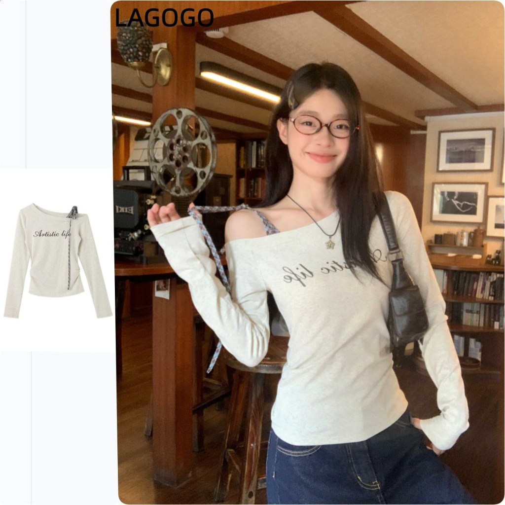 สาวร้อนลายสก๊อตลูกไม้ขึ้นเอียงไหล่แขนยาวเสื้อยืดผู้หญิงสไตล์ใหม่สลิมฟิตพิมพ์ตัวอักษร