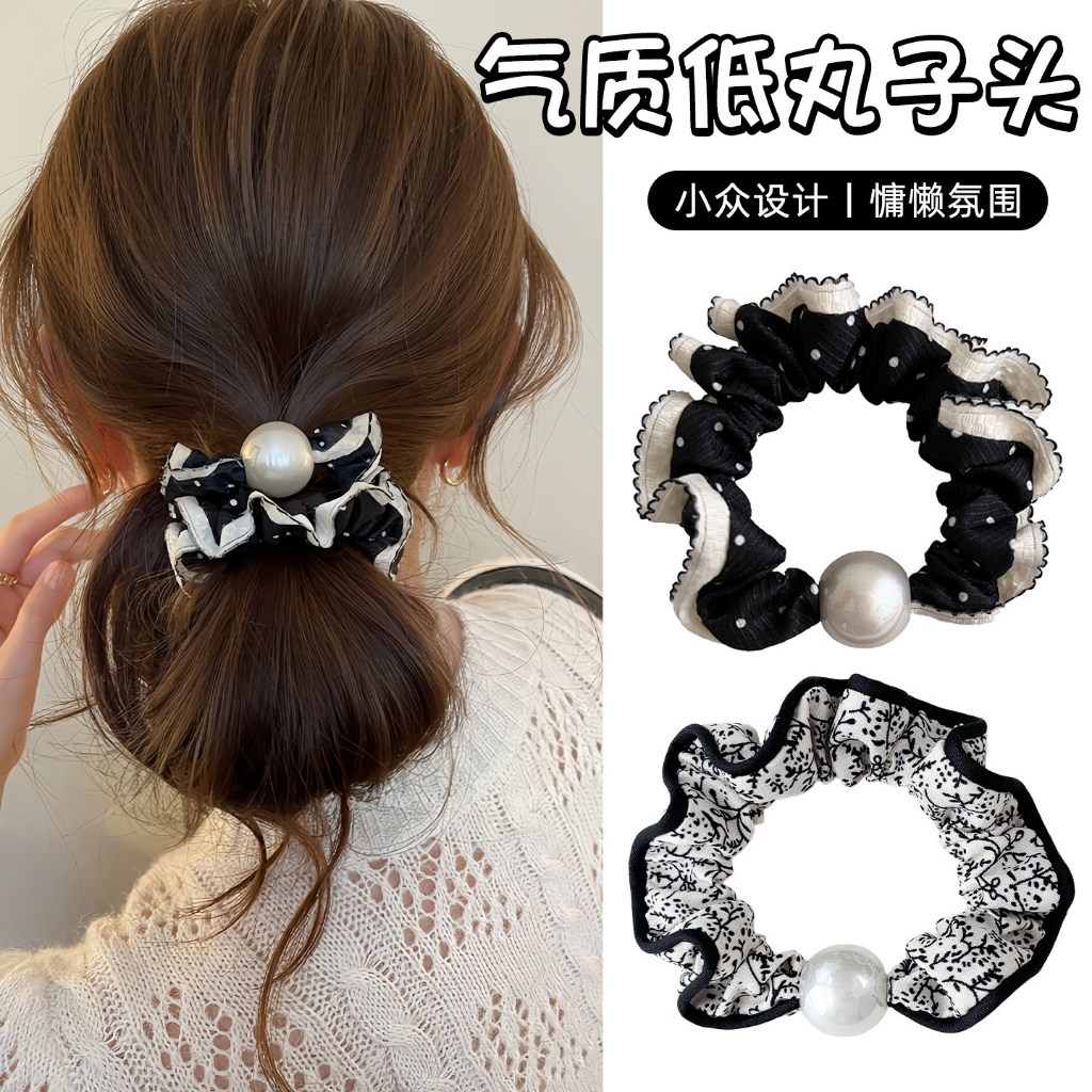 ลูกไม้ Polka Dot Pearl Scrunchy แหวนผมเกรด Sense วรรณกรรม Scrunchy เชือกผม Classy อุปกรณ์เสริมผม