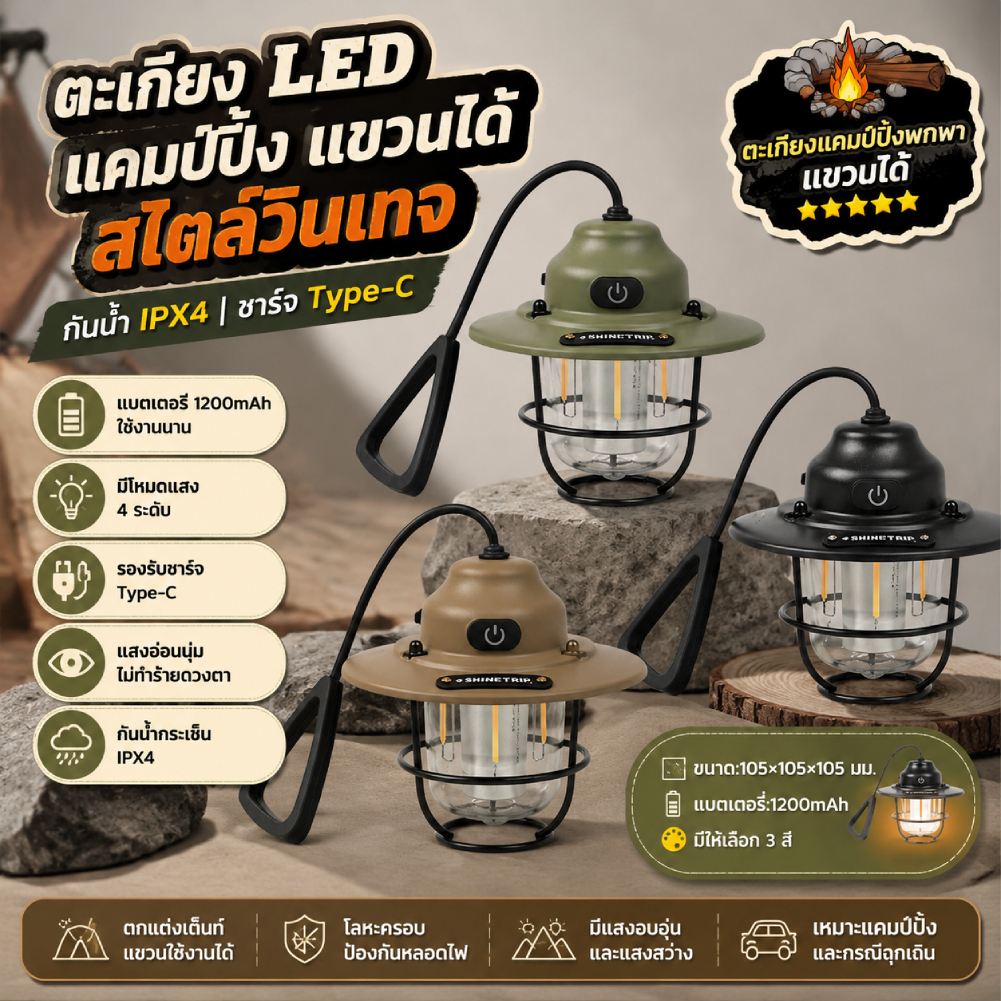 [จัดส่งในพื้นที่] โคมไฟตั้งแคมป์ นํา 1200มะห์ โคมไฟไฟฉุกเฉิน ไม่มีขั้นตอน ลดแสง บรรยากาศย้อนยุคโคมระย้าประเภท ค ชาร์จสําหรับตกปลาเดินป