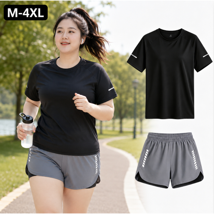 ชุดกีฬาสุภาพสตรีขนาดใหญ่ M-4XL เสื้อแขนสั้น + กางเกงขาสั้นผ้าระบายอากาศแห้งเร็วเหมาะสําหรับวิ่งออกกําลังกายโยคะ