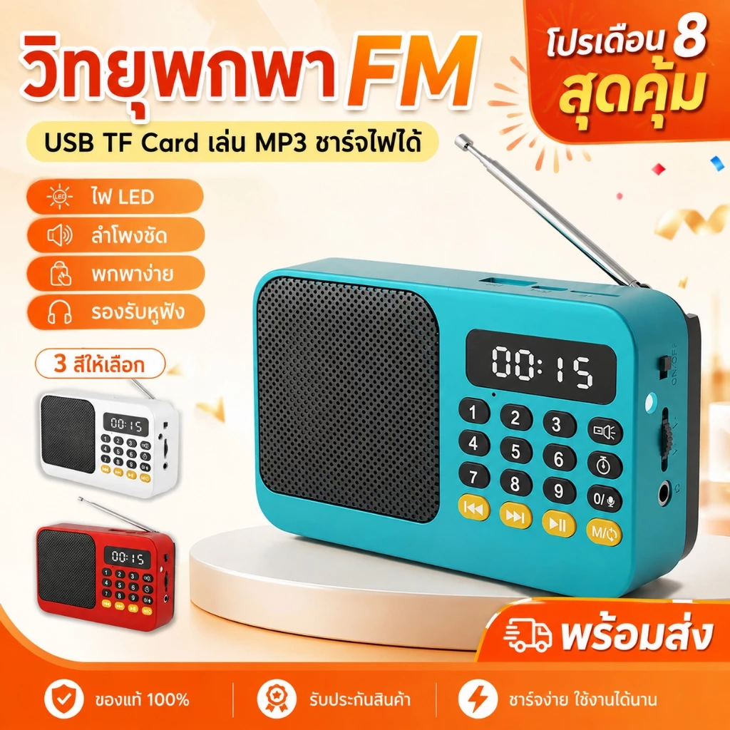 วิทยุพกพา FM ลำโพงวิทยุ USB TF Card เล่น MP3 ชาร์จไฟได้ Portable Radio ไฟ LED
