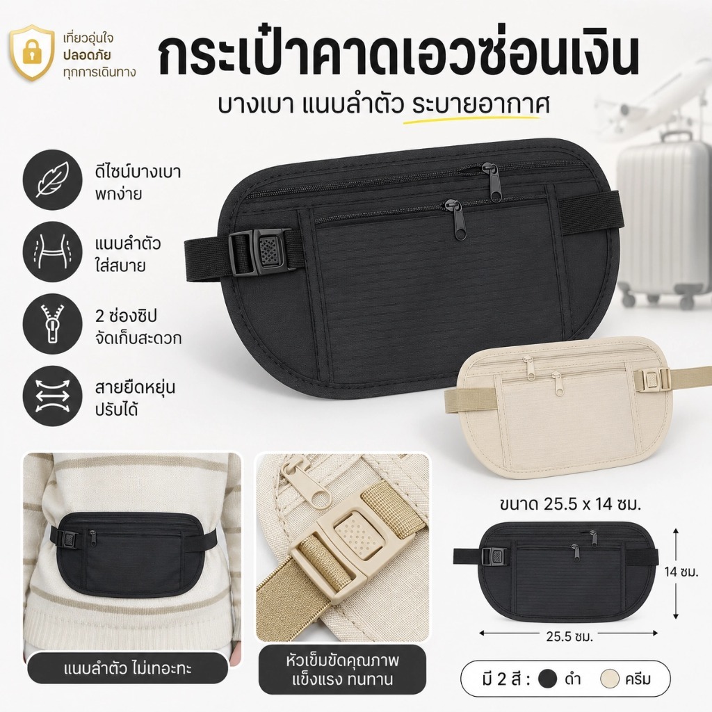 กระเป๋าคาดเอวซ่อนเงิน สำหรับเดินทาง แบบบางแนบลำตัว ระบายอากาศ 2 ช่องซิป สายปรับได้ 25.5×14 ซม. สีดำ/ครีม SQ015