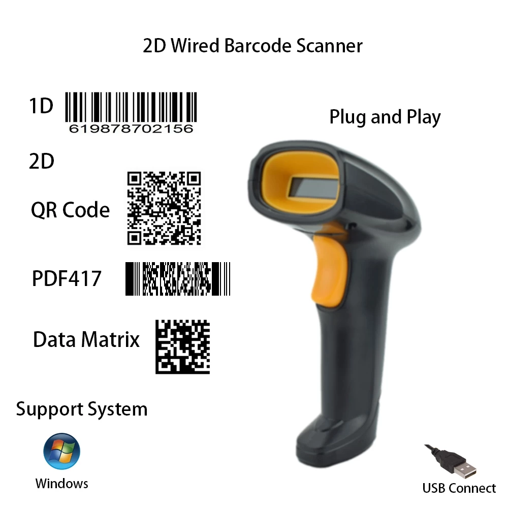 เครื่องสแกนบาร์โค้ดแบบพลักแอนด์เพลย์ 2D / เครื่องอ่านโค้ด QR / เครื่องสแกนบาร์โค้ด USB
