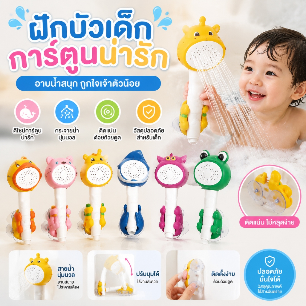 [ikn] ฝักบัวเด็กการ์ตูนน่ารักพร้อมขายึดอาบน้ําถ้วยดูดเด็กอาบน้ํา เอ้อ หัวฝักบัวเด็กอุปกรณ์ห้องน้ํา [TH]