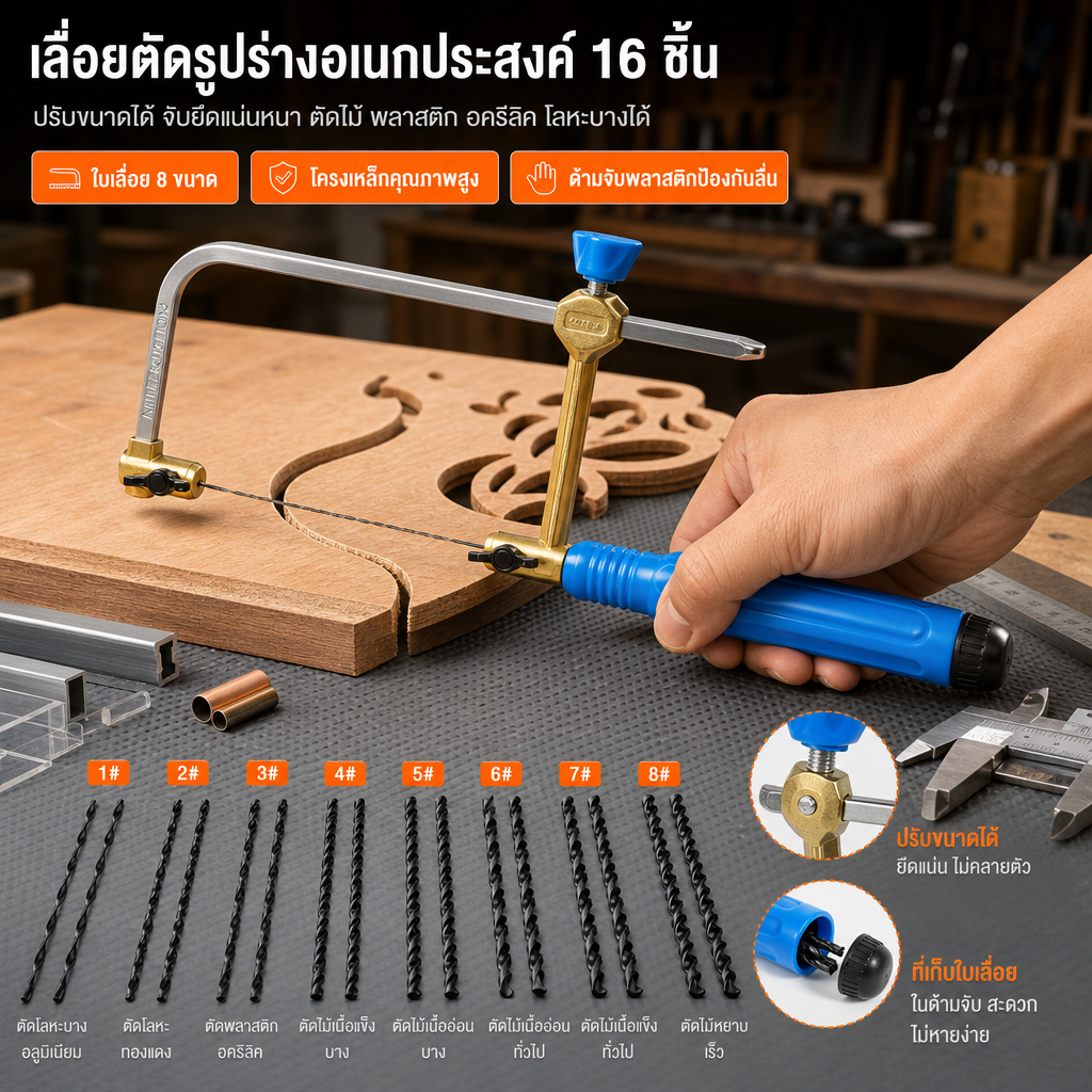 โครงเลื่อยคันธนู พร้อมใบเลื่อย พร้อมใบ เลื่อยเหล็ก แบบเปลี่ยน 16 ชิ้น โครงเหล็ก มือโลหะ กันลื่น ตัดเหล็ก แข็งแรง ทนทาน โครง อลูมิเ