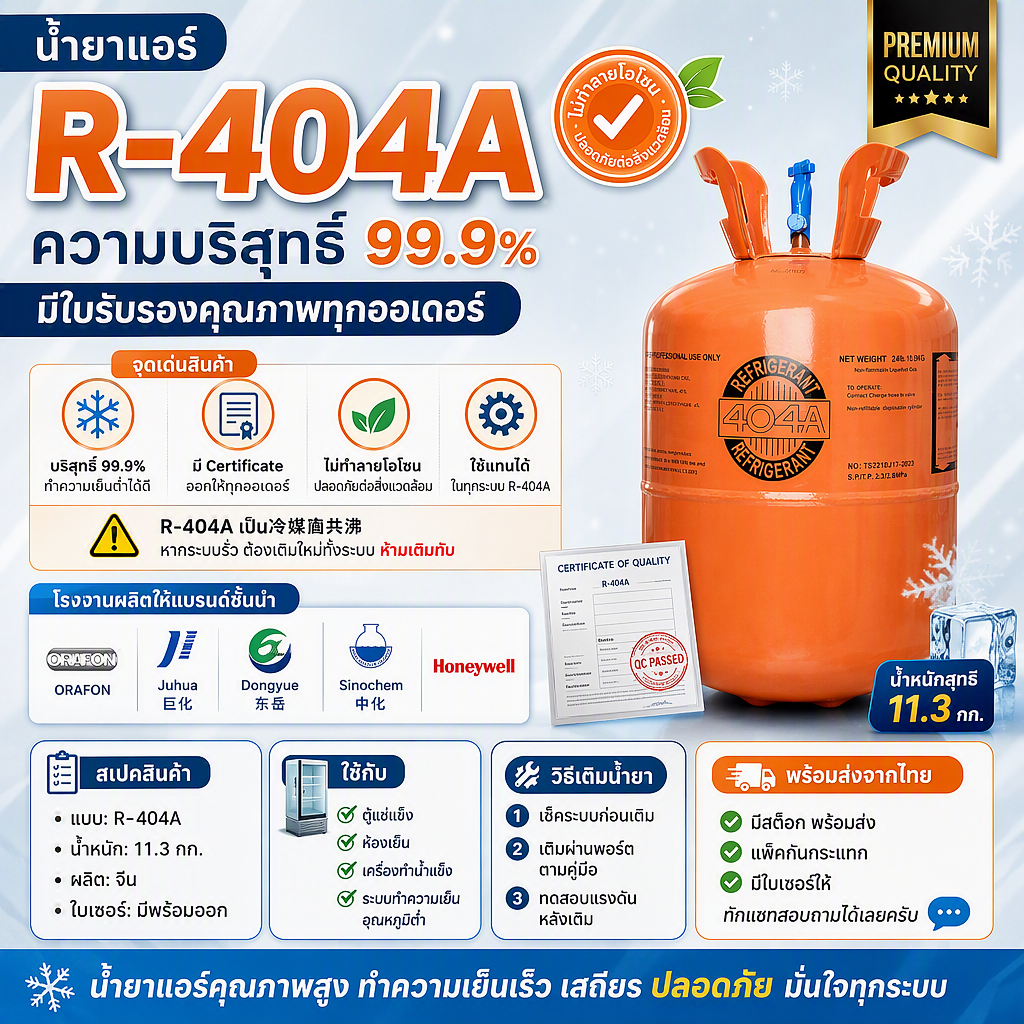 น้ำยาแอร์ R-404A 11.3 กก. 99.9% มีใบเซอร์ ส่งไทย ใช้ตู้แช่แข็ง ห้องเย็น ระบบทำความเย็นต่ำ