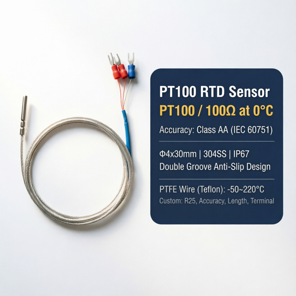 PT100 RTD Temperature Sensor Probe 100Ω ที่ 0℃ Class A 304SS Φ4x30mm Double Groove IP67 กันน้ํา PTFE Wire -50~220℃ 3 สายสําหรับห้องปฏิบัติการทางการแพทย์ HVAC Industrial