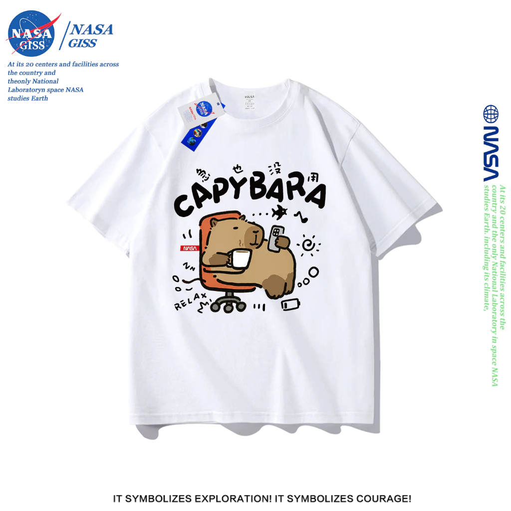 NASA เสื้อยืดชายหญิงแขนสั้น สไตล์ลำลอง summer คาปิบาร่า พิมพ์ลาย t-shirt แบบหลวม คอกลม ยับยากไม่ต้องรีด