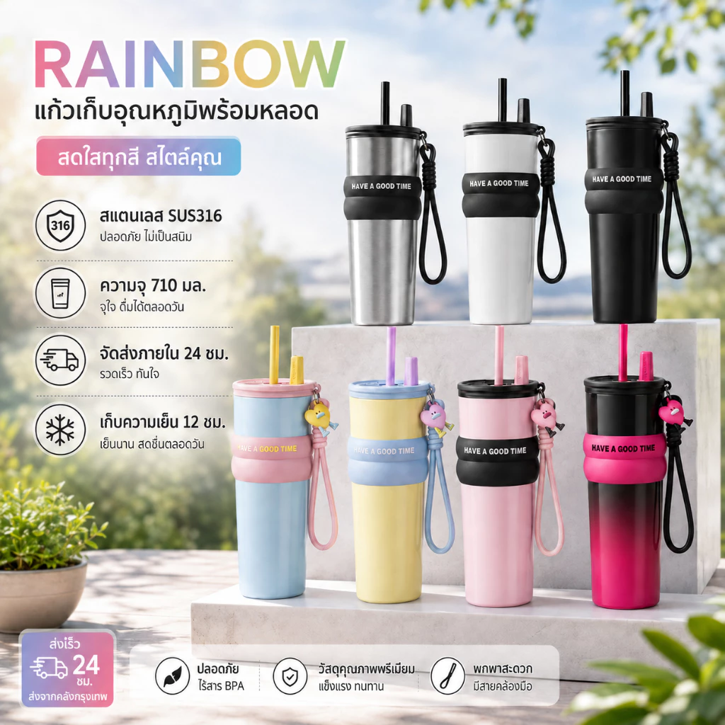 RAINBOW CUP แก้วเก็บความเย็น แก้วกาแฟ SUS316 พกพาได้ แก้วน้ํา หลอดฟรี ใช้ได้ทั้งร้อนและเย็น 710ml