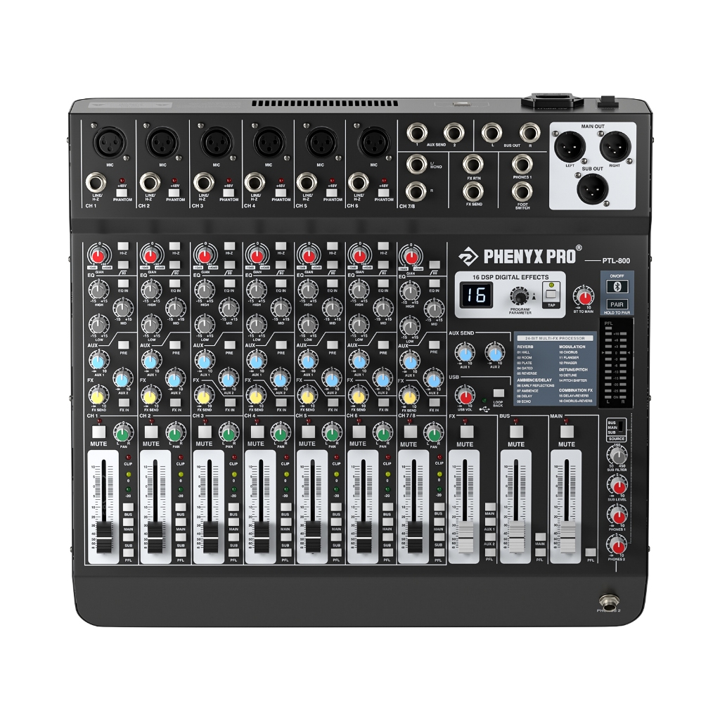 Phenyx Pro PTL-800 8-Channel Audio Mixer AUX BUS SUB 16 DSP BT & USB ผสมคอนโซลสําหรับ Stage Studio