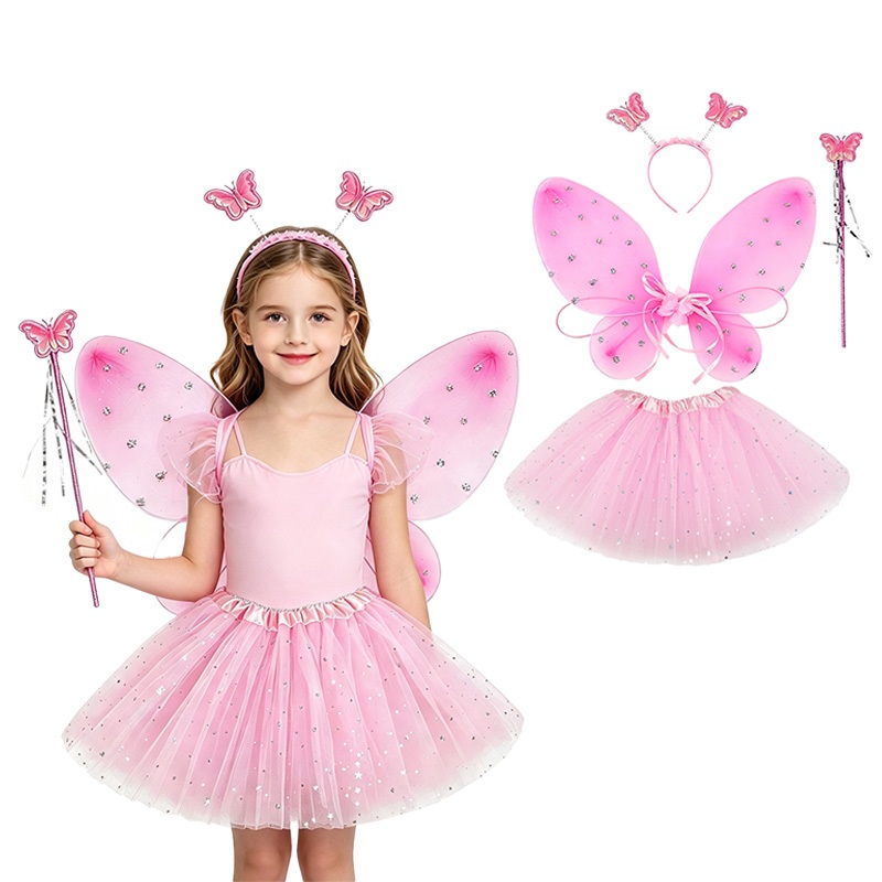 4 ชิ้น Fairy เครื่องแต่งกายชุดเลื่อมปีกผีเสื้อ Glitter Tulle Tutu กระโปรงผีเสื้อแถบคาดศีรษะ Wand สําหรับวันเกิดฮาโลวีนคอสเพลย์