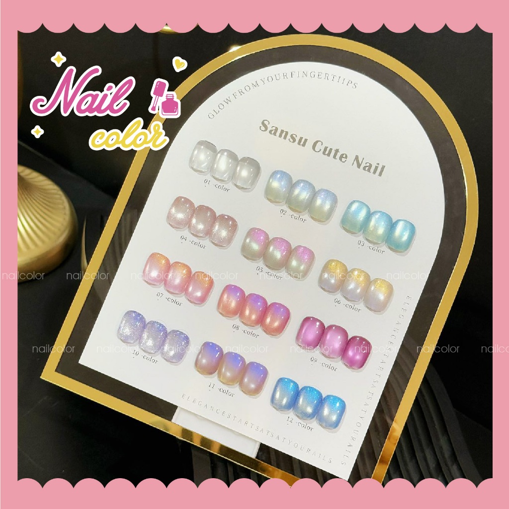 T Thailand Shipping ซันซู ออโรร่า กาวยาทาเล็บตาแมว ชุด 12 สี เนื้อเจลลี่ใส เอฟเฟกต์โพลาไรซ์สีรุ้ง บรรจุขวดหรูหราเบา