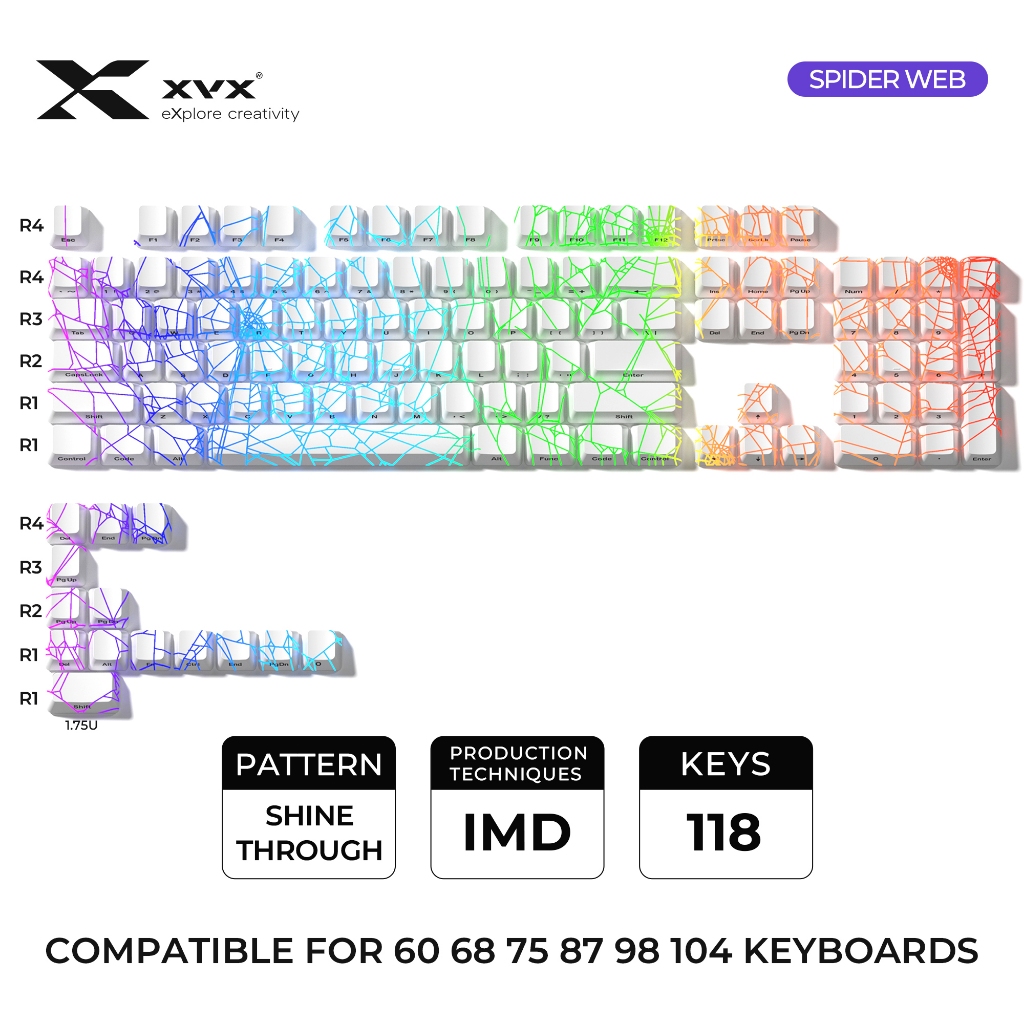 XVX Spider Web Keycaps สีดํา/สีขาว Shine-ผ่าน OEM Profile IMD เทคโนโลยีสําหรับเล่นเกมและสํานักงาน Gi