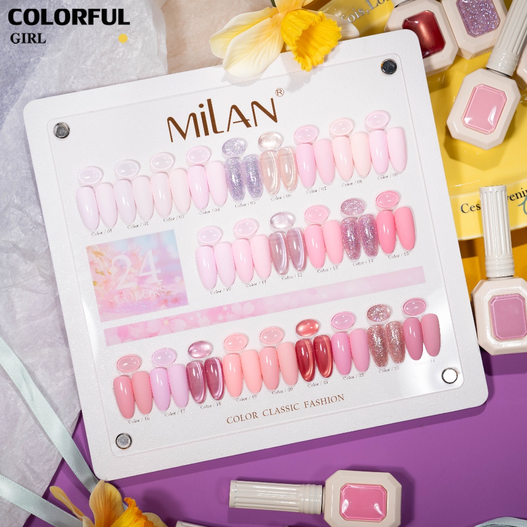 ชุดสีเจล MILAN ซากุระนู้ดนม 24 สี โทนชมพูหวานละมุนสไตล์สาวหวาน รวมสีเจลแฟลช สีเจลแคทอาย สีเจลแคทอายเนื้อซาติน และสีเจลพื้น (ทามาให้แล้ว พร้อมใช้งาน) ชุดเจลทำเล็บลุคคุณหนูสุดละมุน