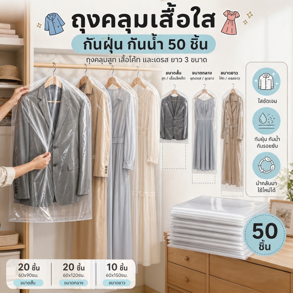 50 ชิ้น พลาสติกเสื้อผ้าครอบคลุมเสื้อผ้าใสกระเป๋าฝุ่นแห้งทําความสะอาดกระเป๋านํามาใช้ใหม่ปกผ้ากระเป๋าสูทครอบคลุม3ขนาด