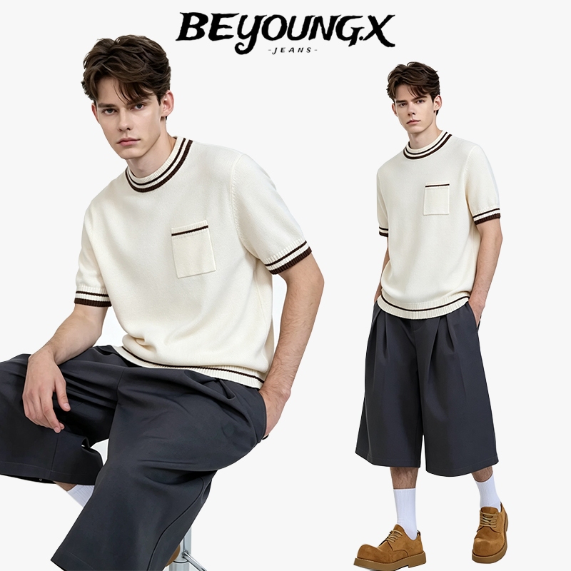 ฤดูร้อนลดอายุสไตล์วิทยาลัยสีคมชัดลายถักเสื้อด้านหน้าไหล่เสื้อยืดผู้ชายฝรั่งเศสรอบคอด้านหน้าไหล่ด้านบนบาง
