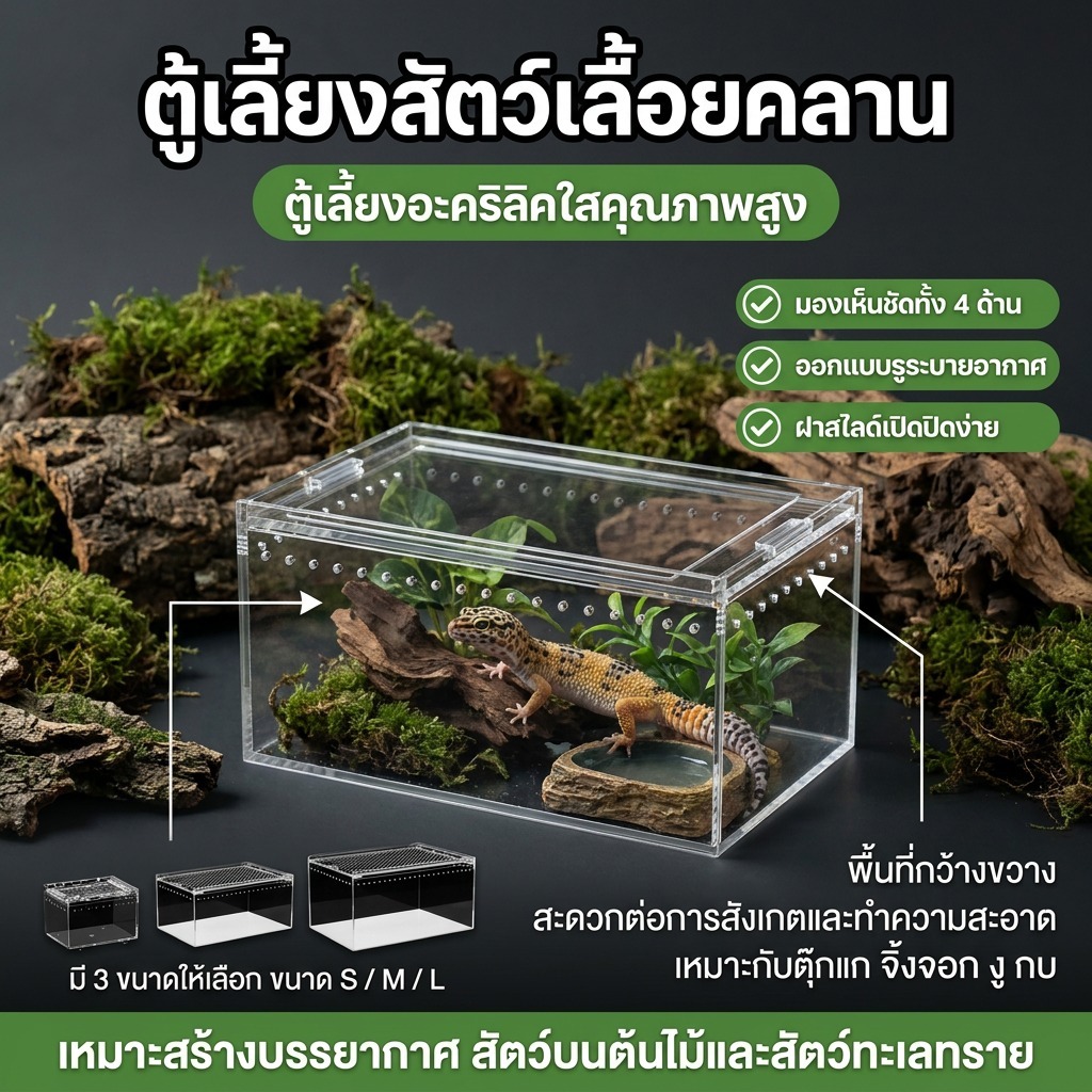 ตู้เลี้ยงสัตว์เลื้อยคลานอะคริลิก ตู้ภูมิประเทศทะเลทราย ตู้น้ำบก สำหรับตุ๊กแก จิ้งจอก งู กบเขา เหมาะสัตว์ปีนต้นไม้ ตกแต่งระบบนิเวศ