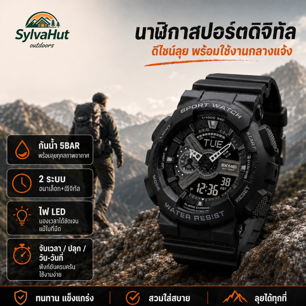 SKMEI นาฬิกาข้อมือผู้ชาย แอนะล็อกดิจิตอล สไตล์สปอร์ต กันน้ำ 50 เมตร ไฟ LED จับเวลา ปลุก แสดงวันวันที่ สายเรซิน 1834