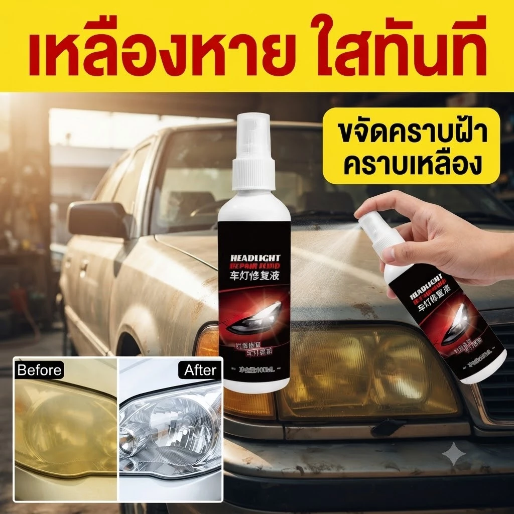 ✨ไฟหน้ากลับมาใสเหมือนใหม่✨ น้ำยาขัดไฟหน้ารถ ขจัดคราบเหลือง คราบฝ้า ฟื้นฟูไฟหน้าหมอง ใช้งานง่าย เห็นผลไว