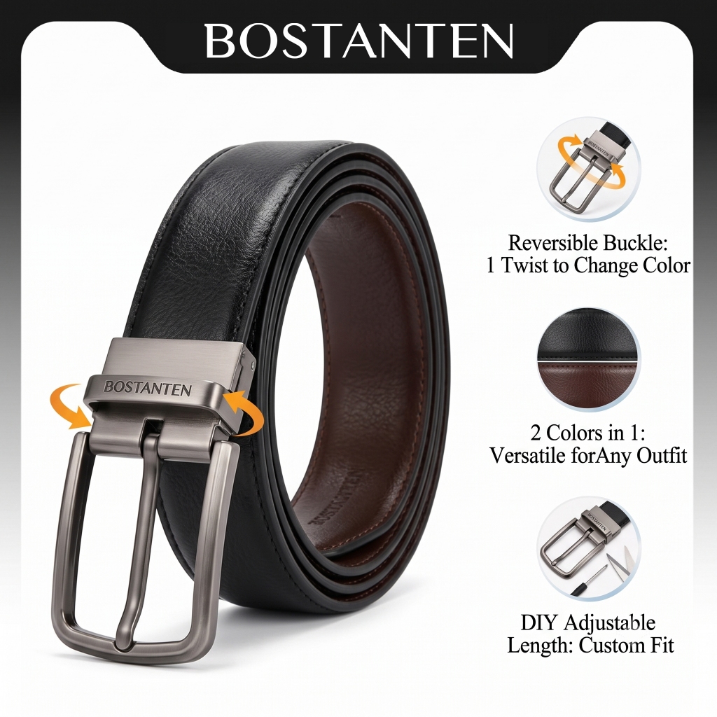 BOSTANTEN Classic เข็มขัดผู้ชาย หนังวัวแท้ หัวล็อกหมุนได้ ใส
