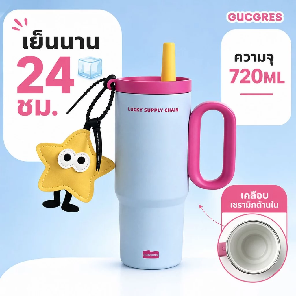 GUCGRES (720ml/24oz) ถ้วยเก็บความเย็นสแตนเลสสไตล์ Dopamine เคลือบเซรามิกถ้วยน้ําความจุขนาดใหญ่ทั้งเก็บฟังก์ชั่นที่อบอุ่นและเย็นพร้อมที่จับและหลอด