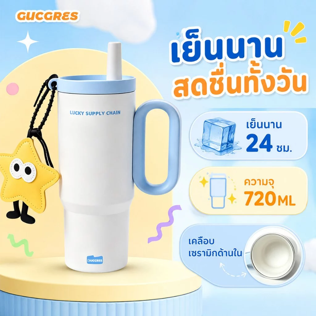 Gucgres(720ml/24oz)แก้วเก็บความเย็น สแตนเลส 316 เคลือบเซรามิก สไตล์โดปามีน แก้วน้ำความจุขนาดใหญ่ พร้อมหูหิ้ว+หลอดดูด