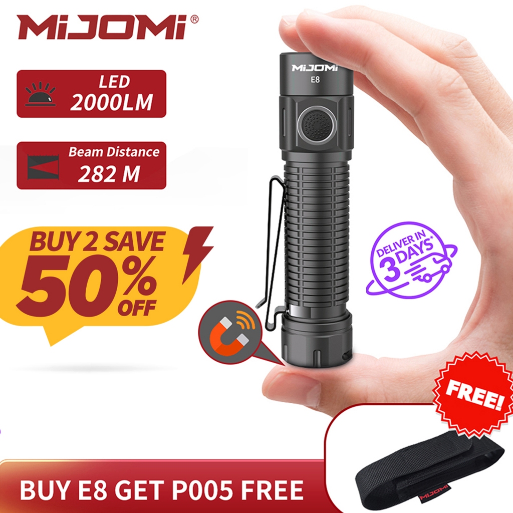 [Buy 2 Save 50%!!!] Mijomi EDC ไฟฉาย E8 2000 Lumen ความสว ่ างสูงไฟฉาย 18650 Type-C ไฟฉายแบบชาร ์ จไ