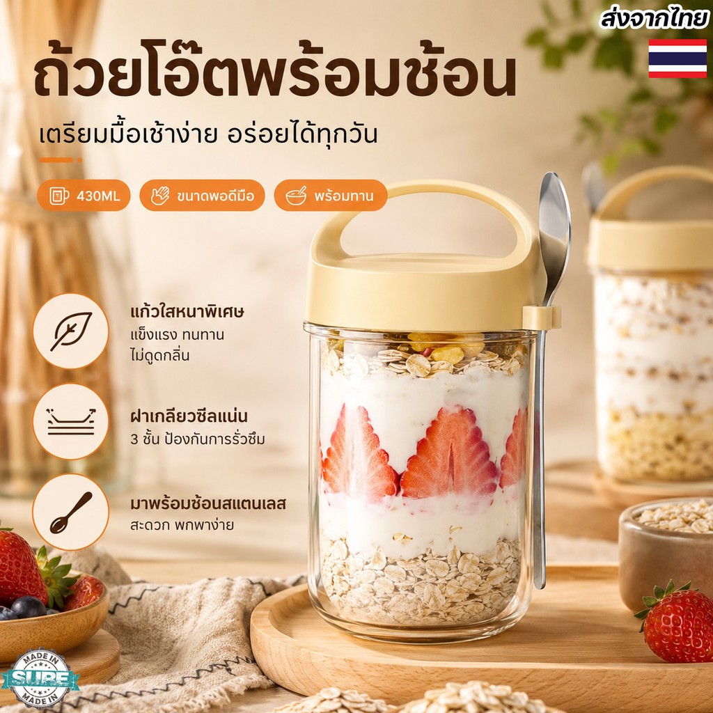 430มล ถ้วยอาหารเช้าใหม่สําหรับข้าวโอ๊ต ซีเรียล ถั่ว โยเกิร์ต สลัด ถ้วยใสป้องกันการรั่วพร้อมฝาปิดและช้อน กล่องเก็บอาหาร.