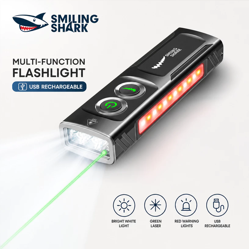 แฟลช SMILING SHARK T02 LED*2 ไฟฉายแบบแม่เหล็ก ไฟ UV ไฟม่วง โหมด 8 ไฟด้านข้าง COB พร้อมเลเซอร์ Type-c ไฟฉุกเฉินแบบชาร์จไฟได้ ไฟกลางแจ้งกันน้ํา