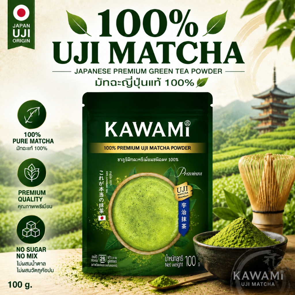 ของแท้ 100% KAWAMI Uji ผงมัทฉะ 100% 100g ชาเขียวญี่ปุ่นบริสุทธิ์ไม่มีสีเทียมและรสสารต้านอนุมูลอิสระที่อุดมไปด้วยสําหรับเครื่องดื่มและอบ