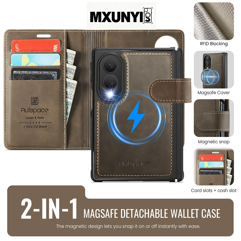 MXUNYIS สําหรับ Samsung Galaxy Z Fold 8 Ultra Magnetic Wallet Phone Case - หนัง PU, ช่องใส่การ์ด, การชาร์จไร้สาย, การออกแบบ 2-in-1