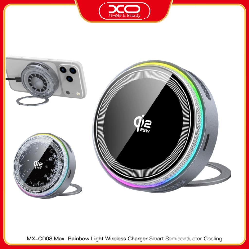 XO MX-CD08max Smart TEC Semiconductor Cooling Qi 2.2 25W+ ขาตั้งแหวนพร้อมไฟแขวนสีเครื่องชาร์จไร้สายเดสก์ท็อป