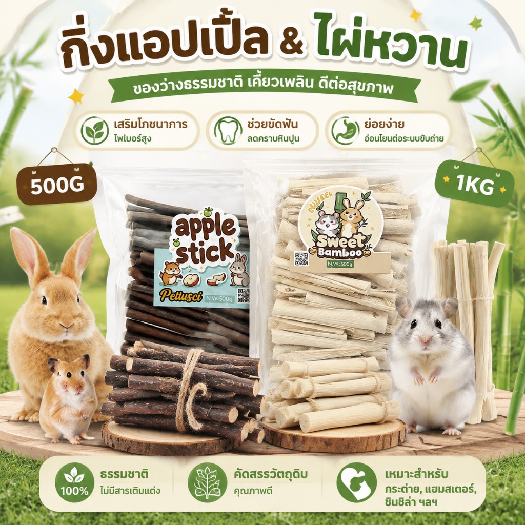 PETLUSCI® ไม้แอปเปิ้ล ไผ่หวาน 500g/1kg ไม้ลับฟันธรรมชาติ ไฟเบอร์สูง ไม้ลับฟัน สำหรับกระต่าย แกสบี้ ชินชิลล่า