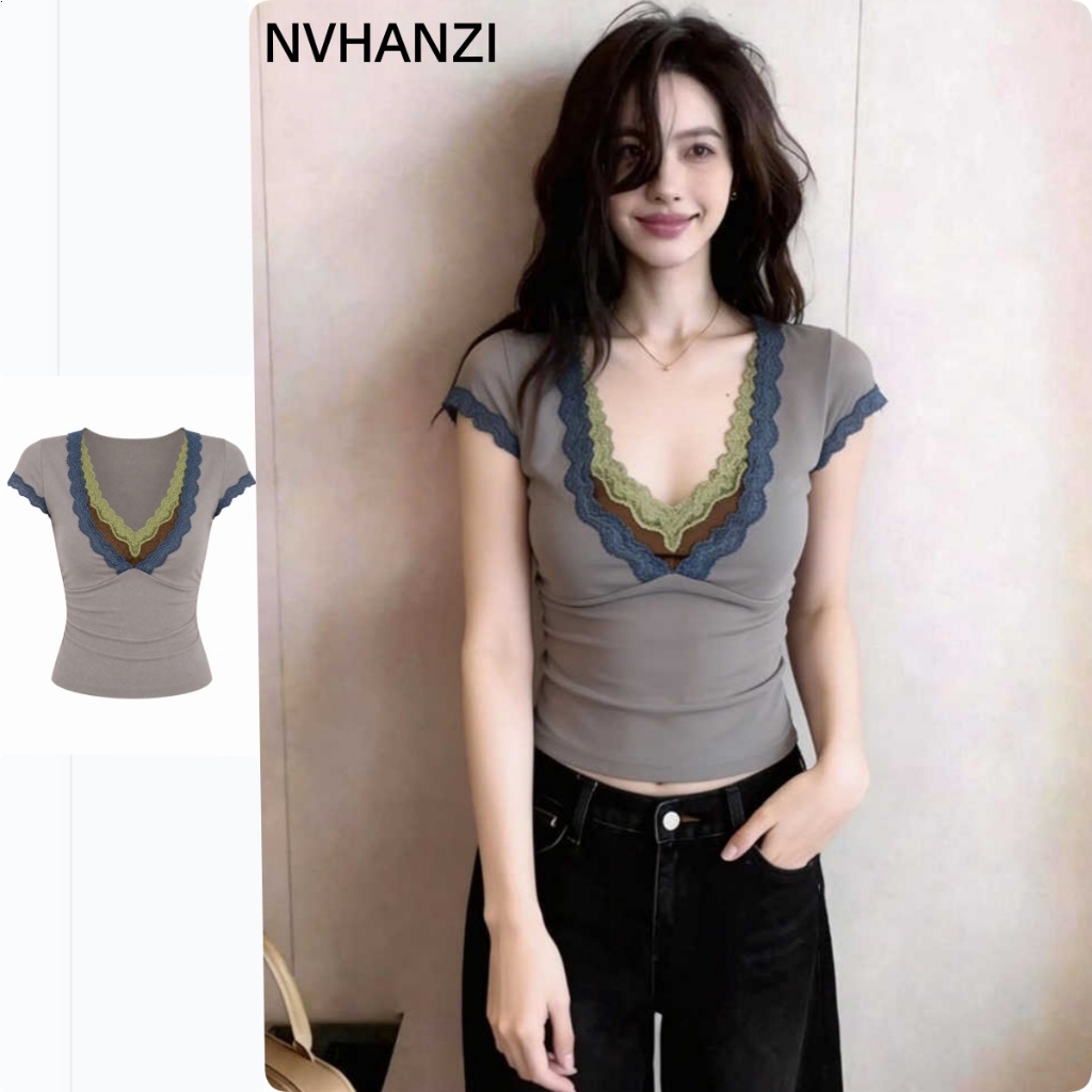 สไตล์เกาหลีสีคมชัดคอวีลึกลูกไม้เย็บแขนสั้นเสื้อยืดผู้หญิงฤดูร้อนขนาดเล็กSlim-Fit Slimmer