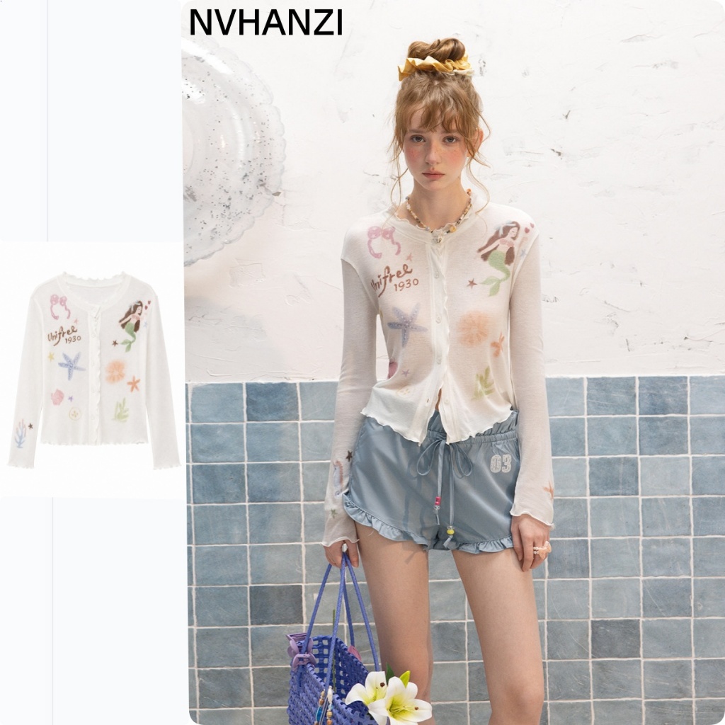 Agaric Edge พิมพ์สีขาวครีมกันแดดเสื้อยืดผู้หญิงเสื้อด้านนอกฤดูร้อนสไตล์ใหม่ All-Match Slimmer