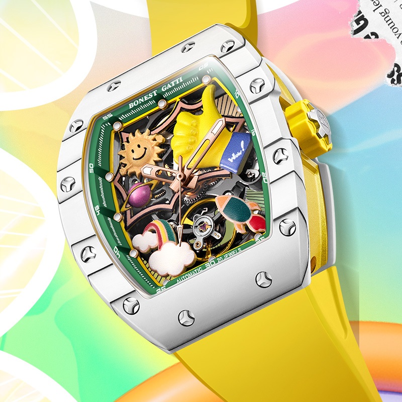 BONEST GATI ผู้ชายนาฬิกากลไกอัตโนมัติ 3D Graffiti Dial คาร์บอนไฟเบอร์กรณี Sapphire คริสตัลแฟชั่น Cool Luxury นาฬิกาข้อมือ