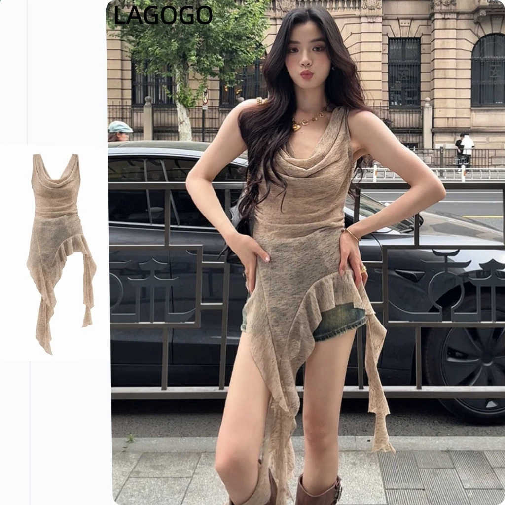 French Ruffled Camisole ผู้หญิงไม่สม่ําเสมอริบบิ้น Slim-fit Slimmer ดูด้านบน