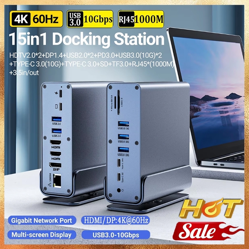 Type-C Docking Station 15 in 1 Hub 4K@60Hz HDMI DisplayPort USB A RJ45 SD TF Audio 3.5 มม.พอร์ตอะแดปเตอร์สําหรับ Macbook Pro แล็ปท็อป PC
