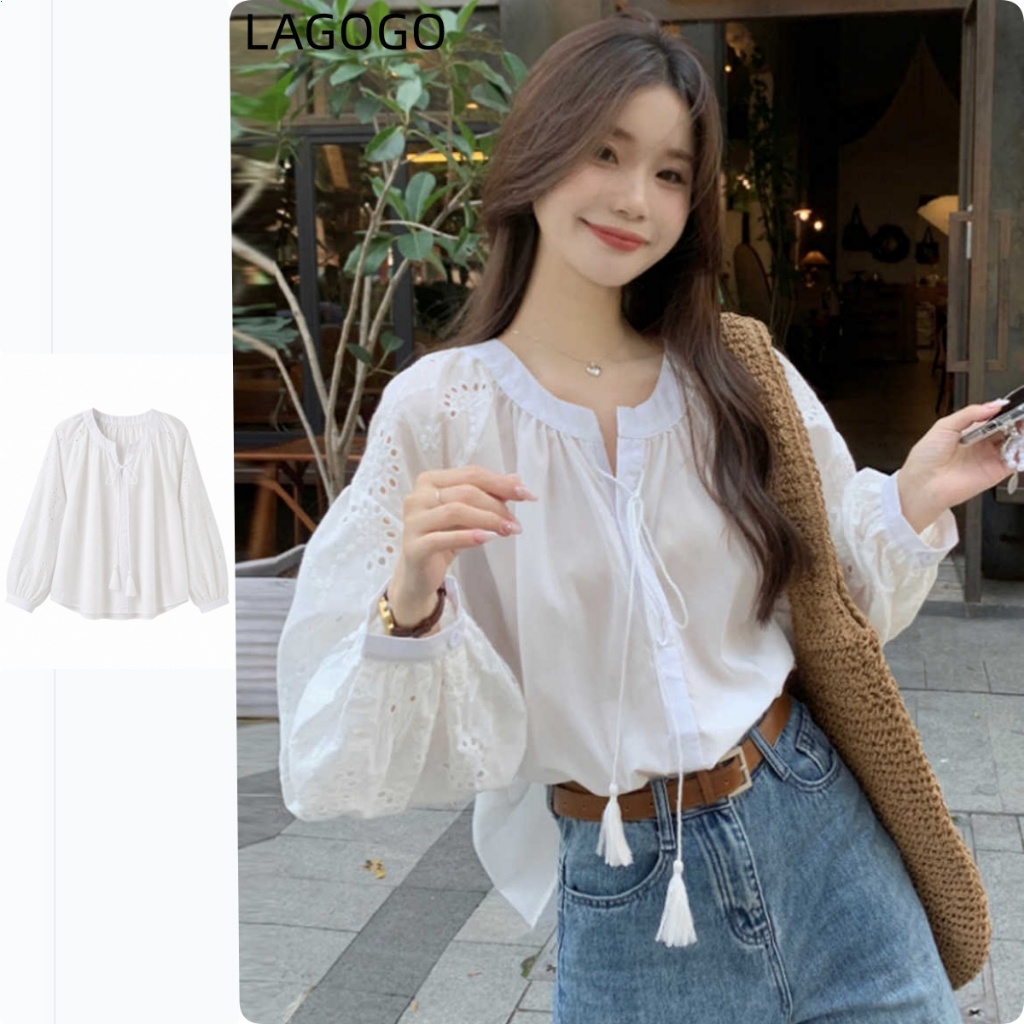 เสื้อลูกไม้แขนยาวสีขาว ดีไซน์ใหม่สำหรับฤดูใบไม้ผลิ พร้อมเทคนิกการปักลูกไม้ที่สวยงาม